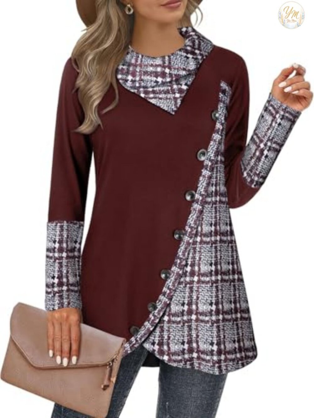 Cowl Neck Plaid Tunic Long Sleeve Blouse with Asymmetrical Hem